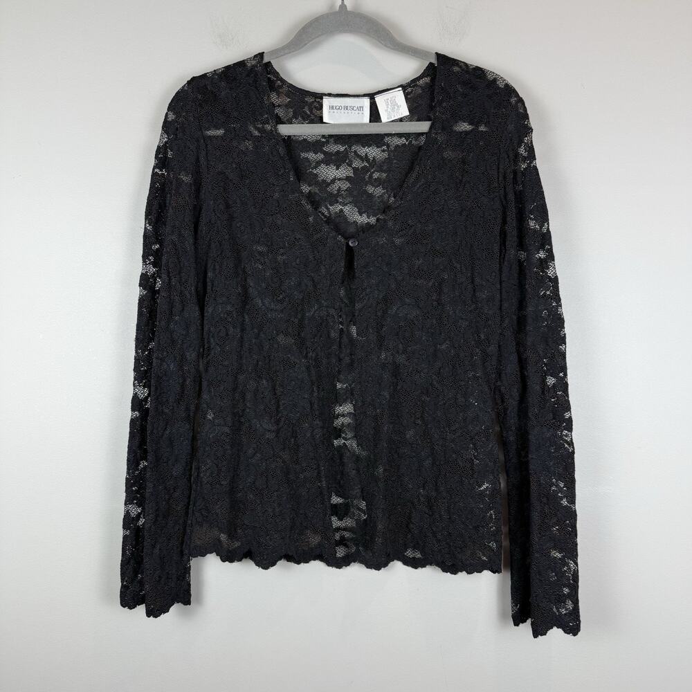 Hugo Buscati Mesh Lace Top Women M Black One Button Whimsigoth‎ Fairy Grunge USA